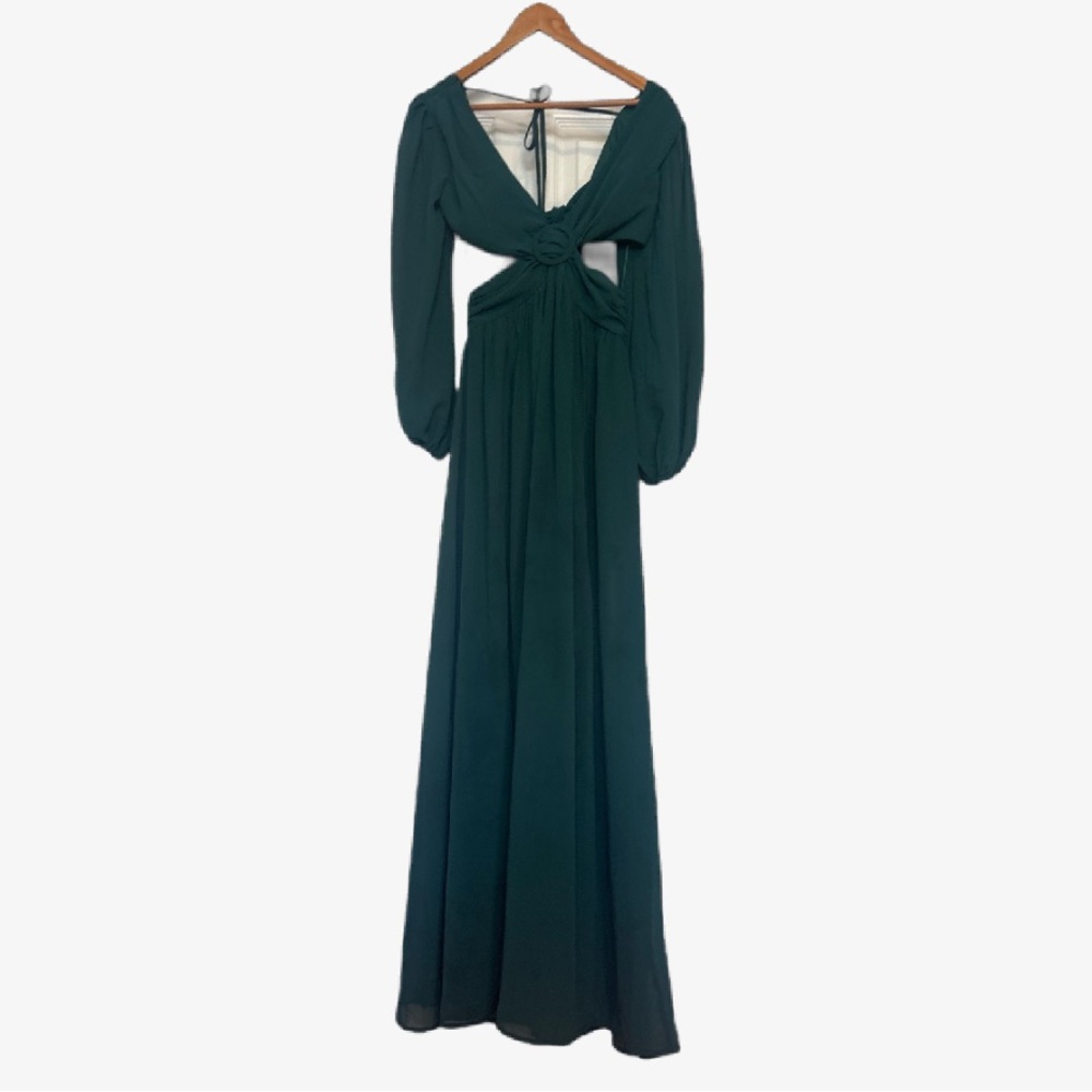 Green Plunge Backless Gown with Bishop Sleeves